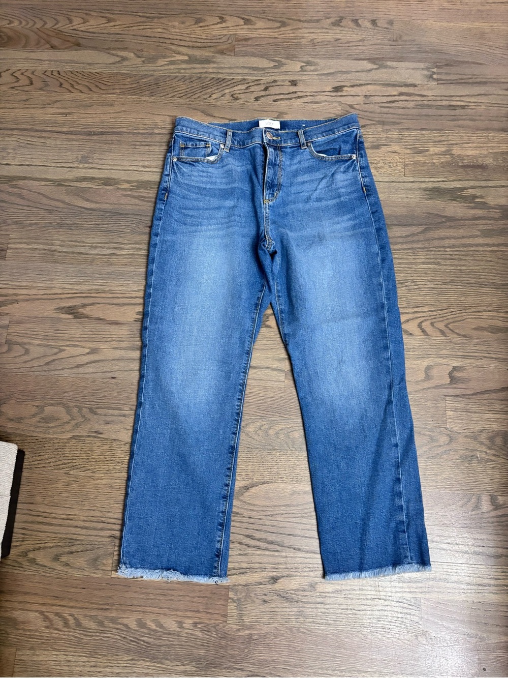 LOFT Mid Blue Cropped Straight Jeans with Frayed Hem